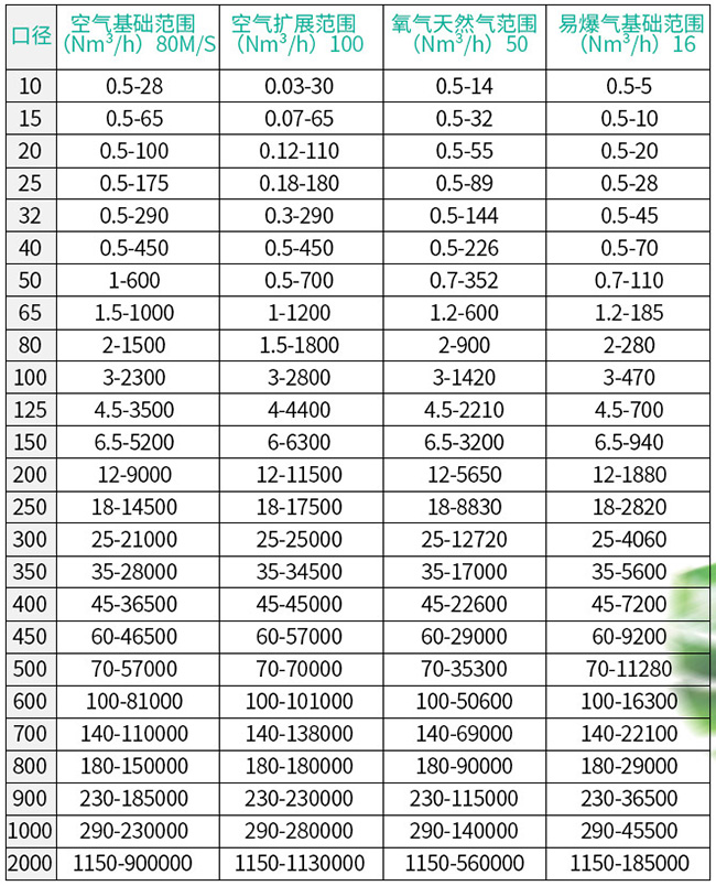 壓縮空氣熱式氣體質量流量計口徑流量范圍表